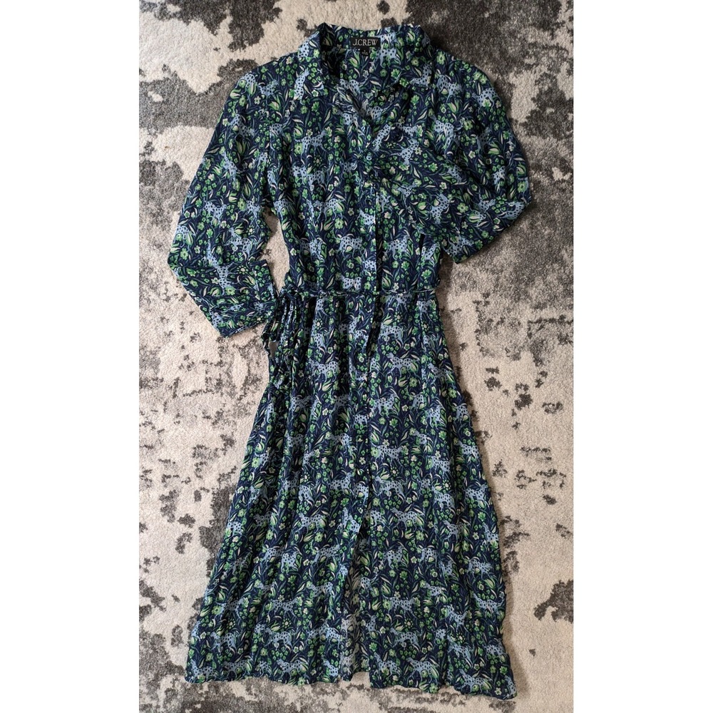 J. Crew Leopard Fauna Floral Button Front Long Sleeve‎ Midi Dress Sz 6 Pockets - Picture 3 of 10